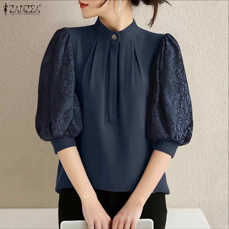 2025 الصيف الدانتيل المرقعة قميص ZANZEA مكتب المرأة بلوزة أنيقة 3/4 كم OL العمل القمم تونك الإناث تونك الوقوف الرقبة Blusas #1