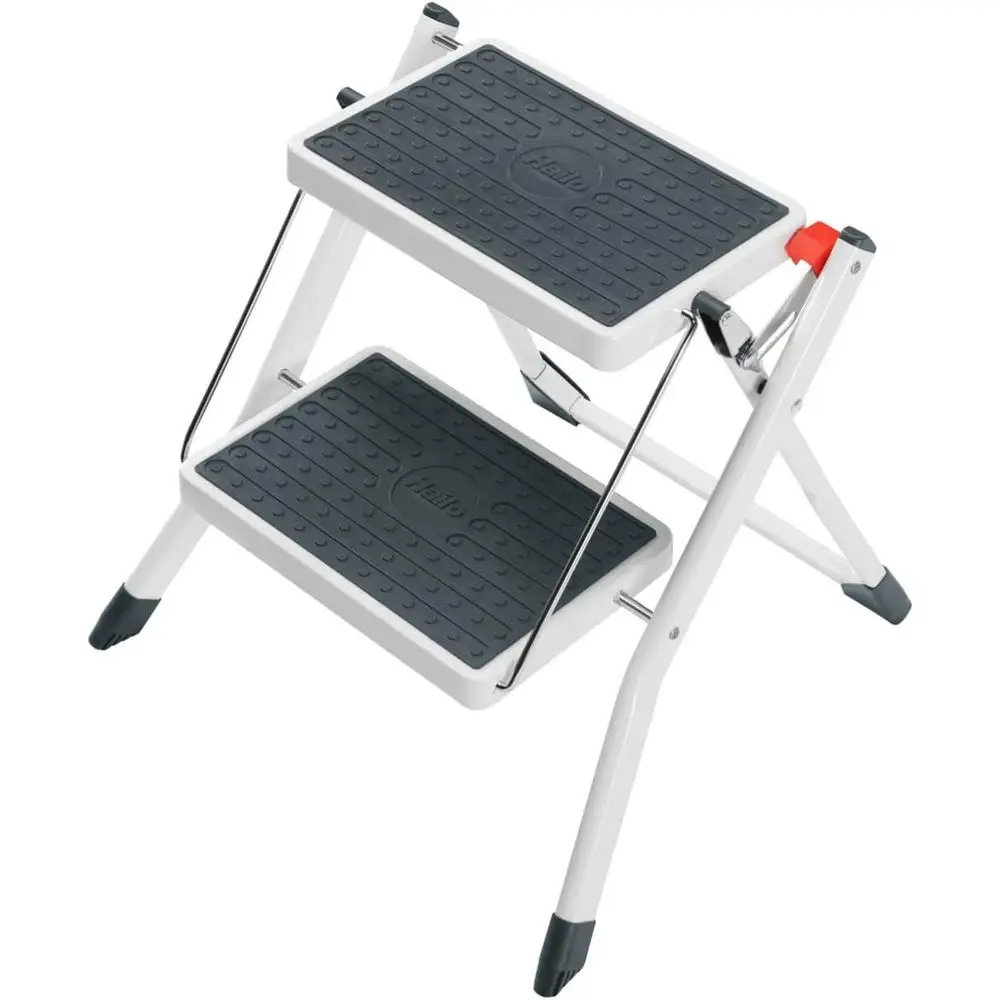 

Compact Steel Step Stool with Double Anti-Slip Steps, 330 lb Capacity, Safety Release, Carry Handle, Easy Storage, White