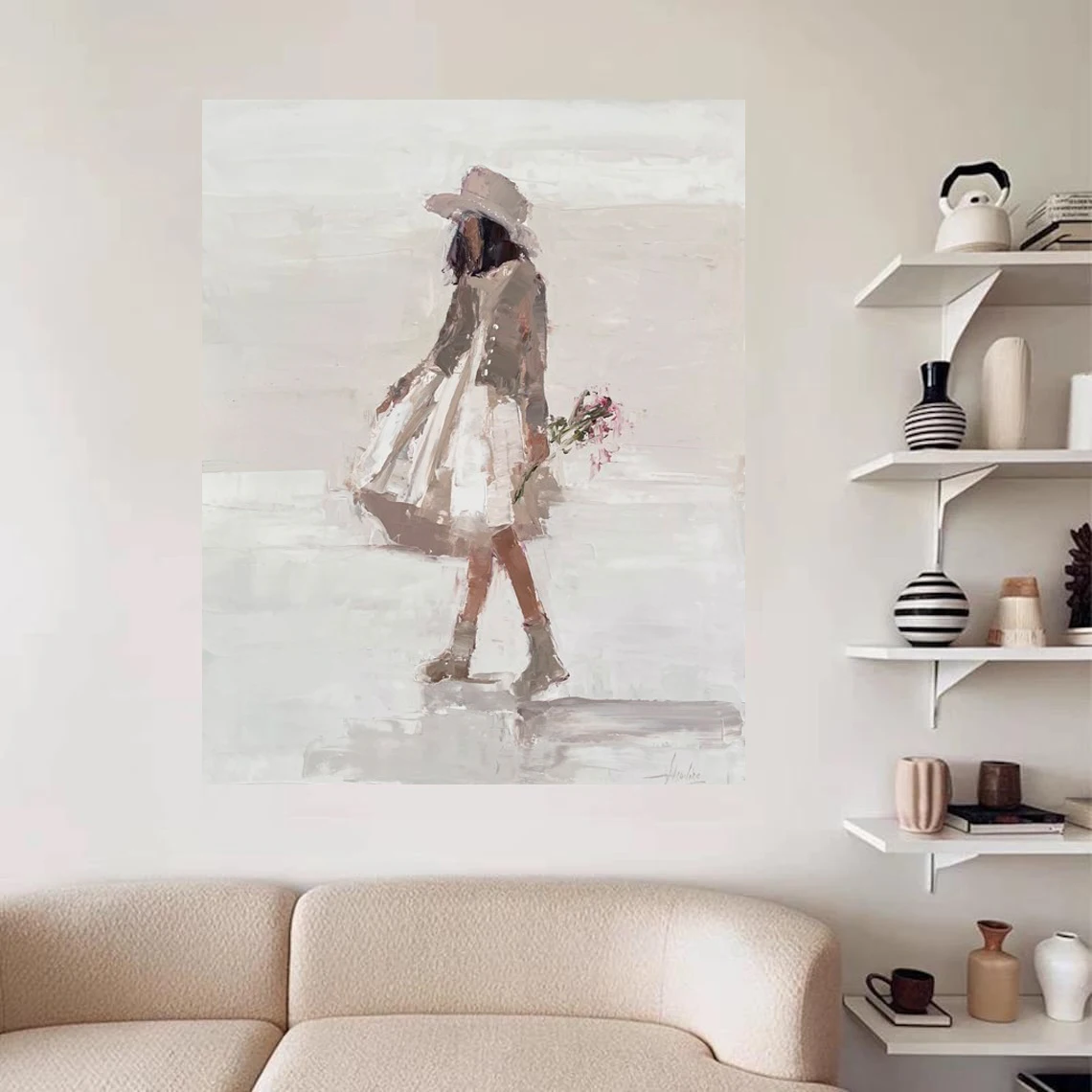 Large Textured Hand-Painted Oil Painting on Canvas Cheerful Girl Fashionable Abstract Wall Art for Home Office and Dorm Decor