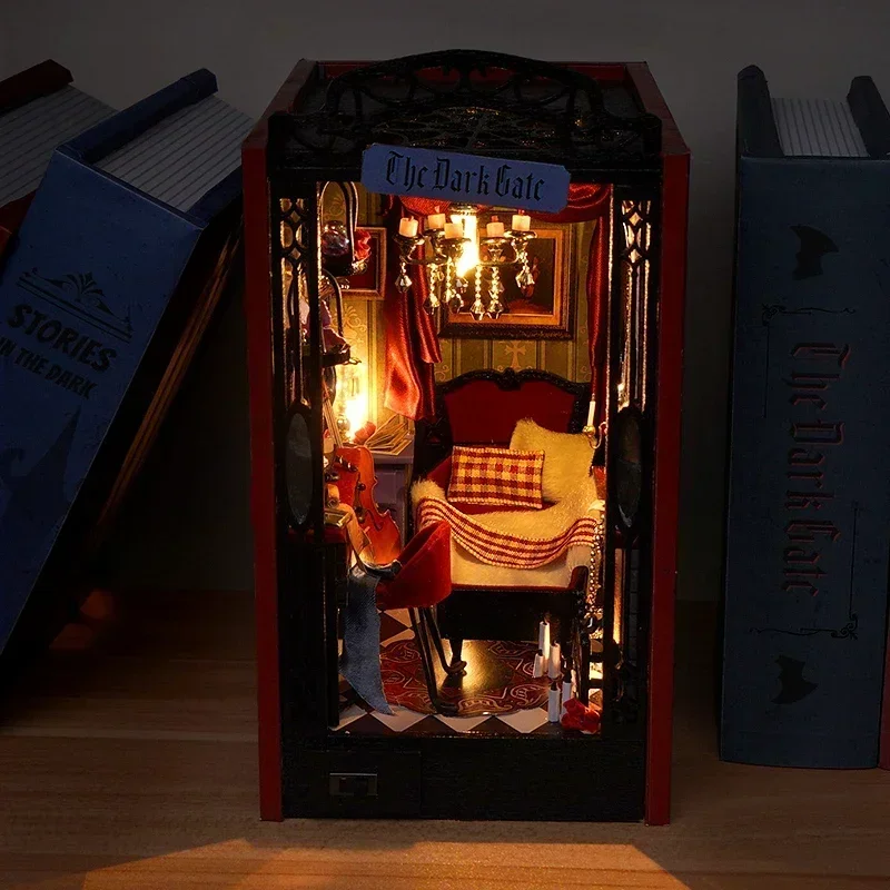 DIY Wooden Book Nook Shelf Insert Vampire Diary Miniature Model Kits Bookshelf With LED Light Bookend for Friends Birthday Gifts