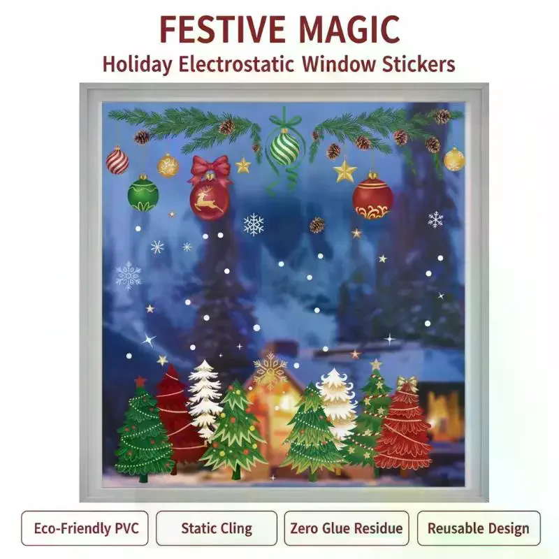 4/5/6/8 Sheets Christmas Window: Clings Removable Adhesive Colorful Festive Designs Home New Year Party