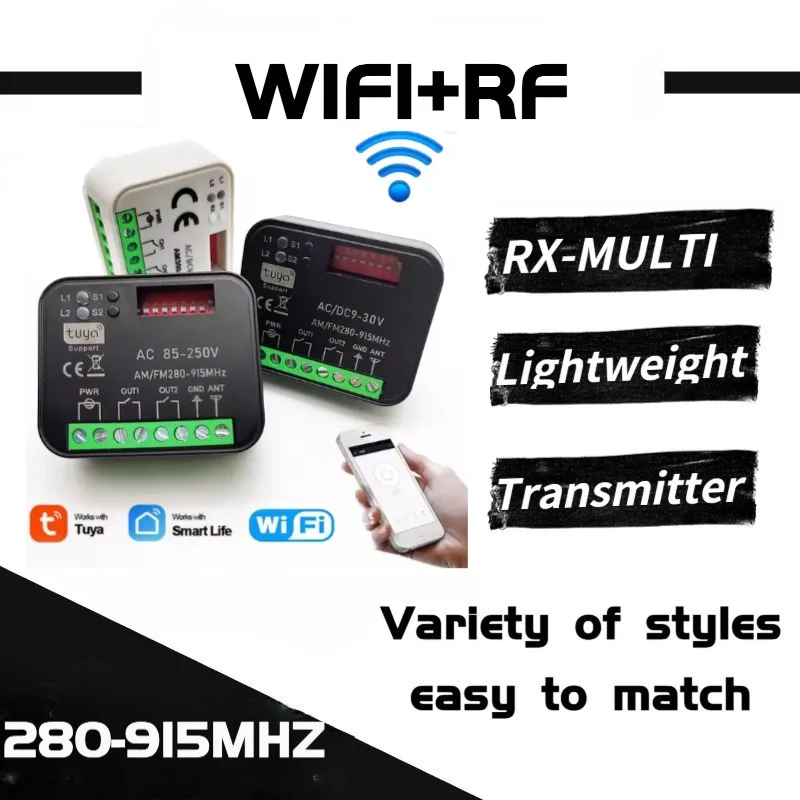 

Tuya RX MULTI 300-868MHz WiFi Smart Switch Module 2-way 433MHz/868MHz Smart Relay Garage/Door Remote Receiver and Transmitter
