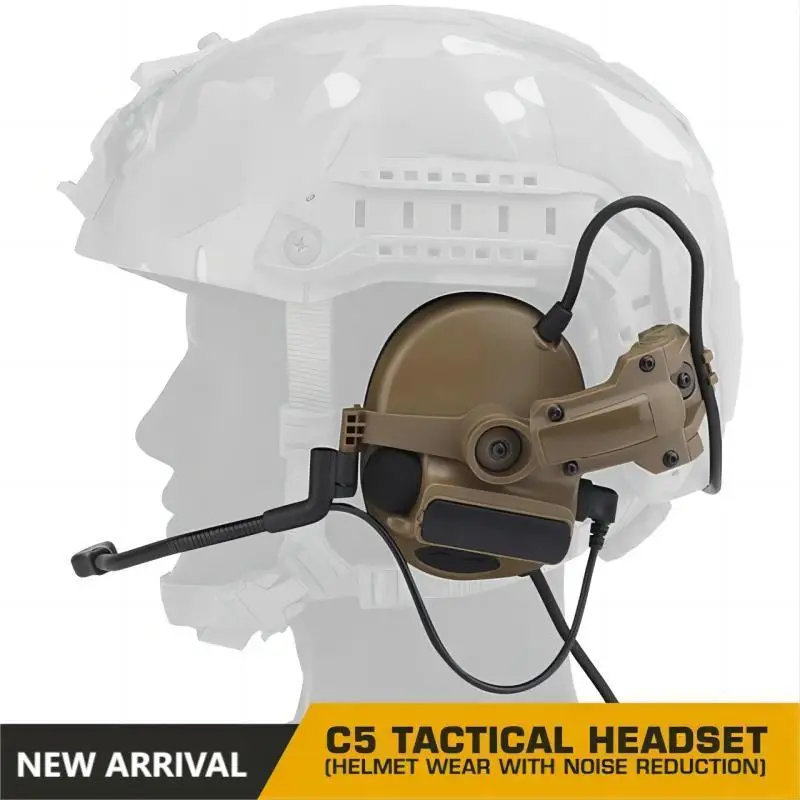 C5 Tactcial Headset Helmet Wear with Noise Reduction Hunting Shooting Ear Protection Headphone Airsoft Earmuff with Rail Adapter