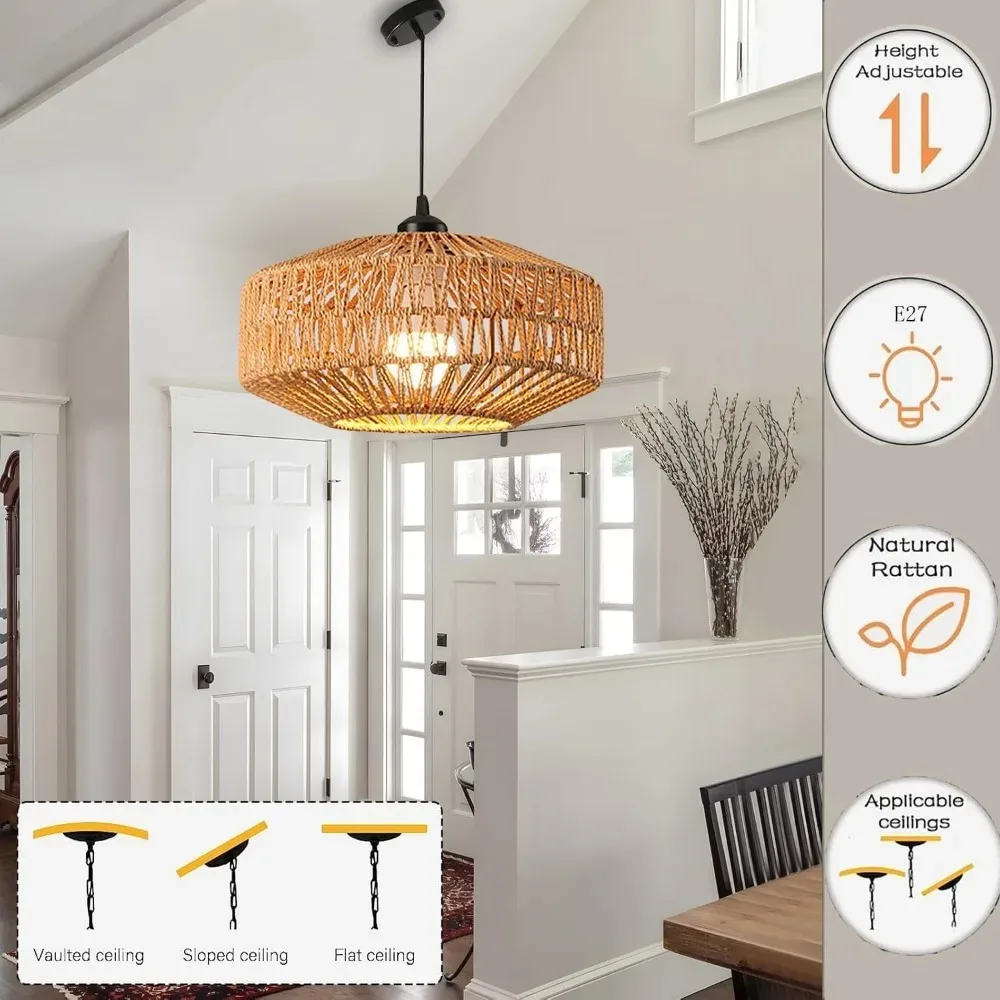 Boho Hemp Rope Chandelier Vintage Wicker Pendant Light Rattan Ceiling Hanging Lamp for Dining Room Bedroom Living Room E27