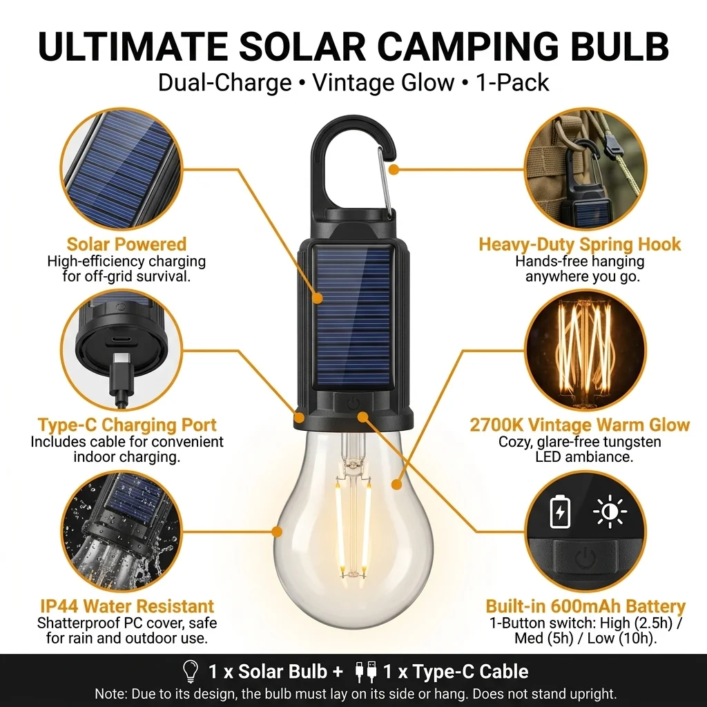 Solar Camping Light  2700K Vintage LED Bulb IP44 Waterproof Hanging Lamp for Power Outage Hiking Camping