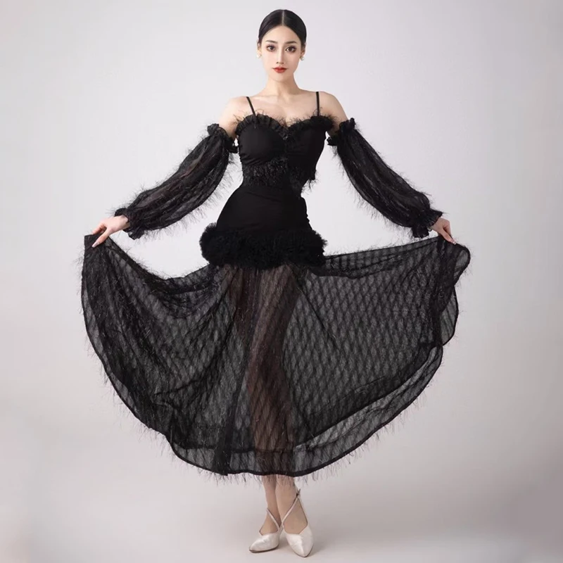 

2024 Ballroom Dance Competition Dress For Women Black Tops Big Swing Skirts Suit Female Adult Modern Dance Performance Clothing