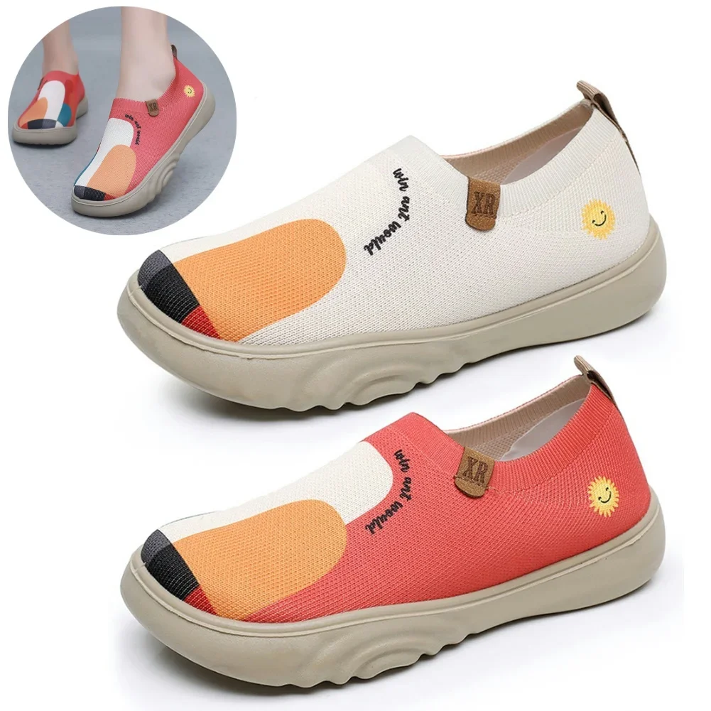 Women Painted Loafers Round Toe Floral Art Sneakers Anti Slip Fashion Travel Shoes Casual Walking Shoes for Daily Wear