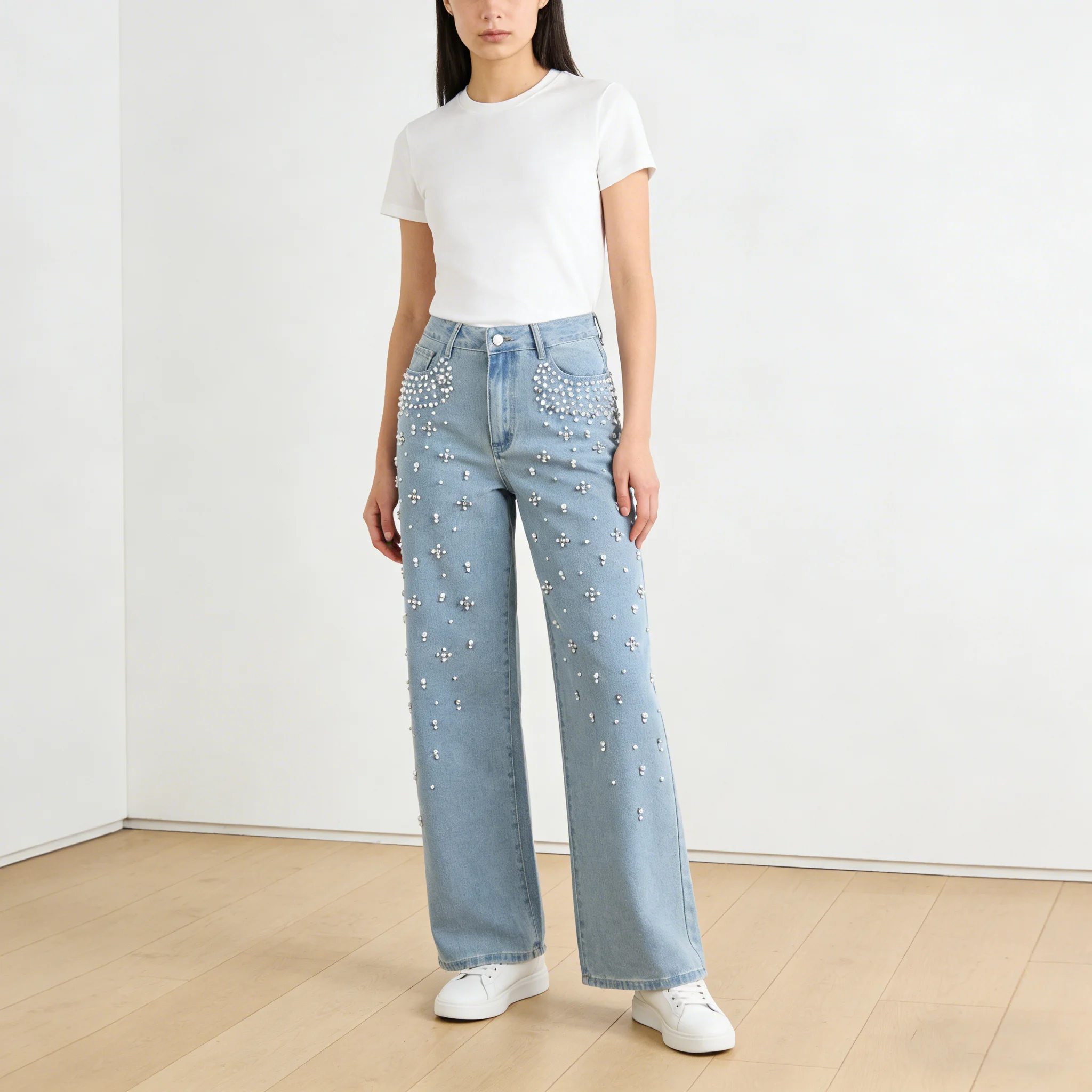 

Fashion Beading Pearls Women's Jeans High Waist Solid Color Straight Denim Pants Loose Casual Trousers Female
