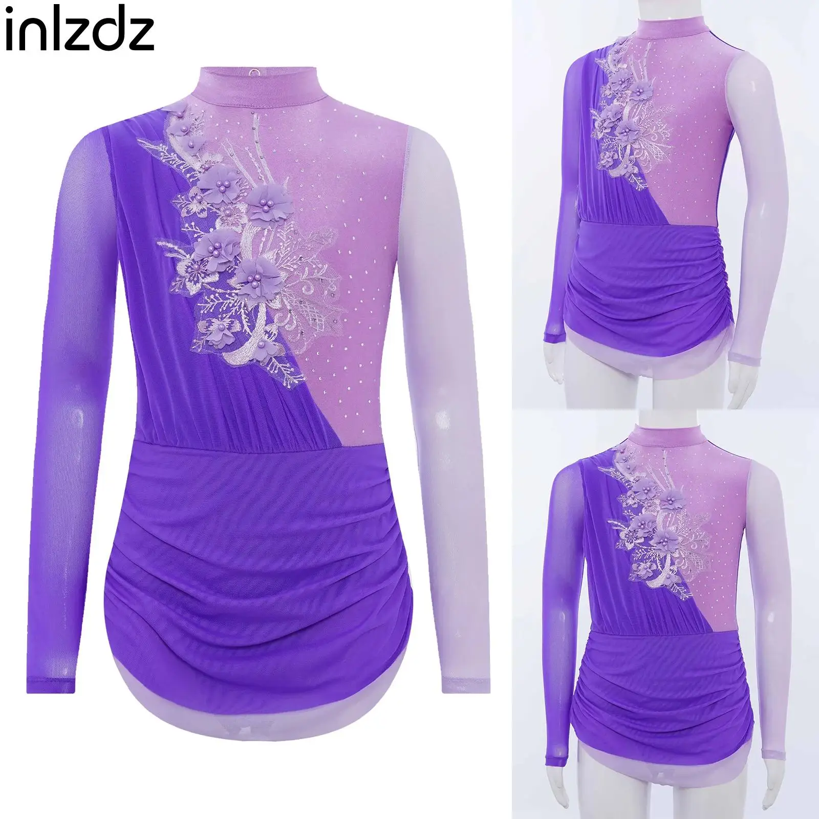

Kids Girls Rhinestone Ballet Jersey Leotard Dress Applique Bodysuit Gymnastics Artistic Figure Skating Lyrical Dance Costume