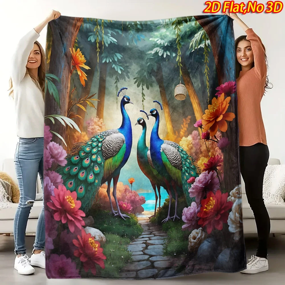 Vivid Jungle Three Peony Peacocks Floral Stone Path Flannel Throw Blanket Warm Cover For Sofa Tropical Wildlife Decor Gift