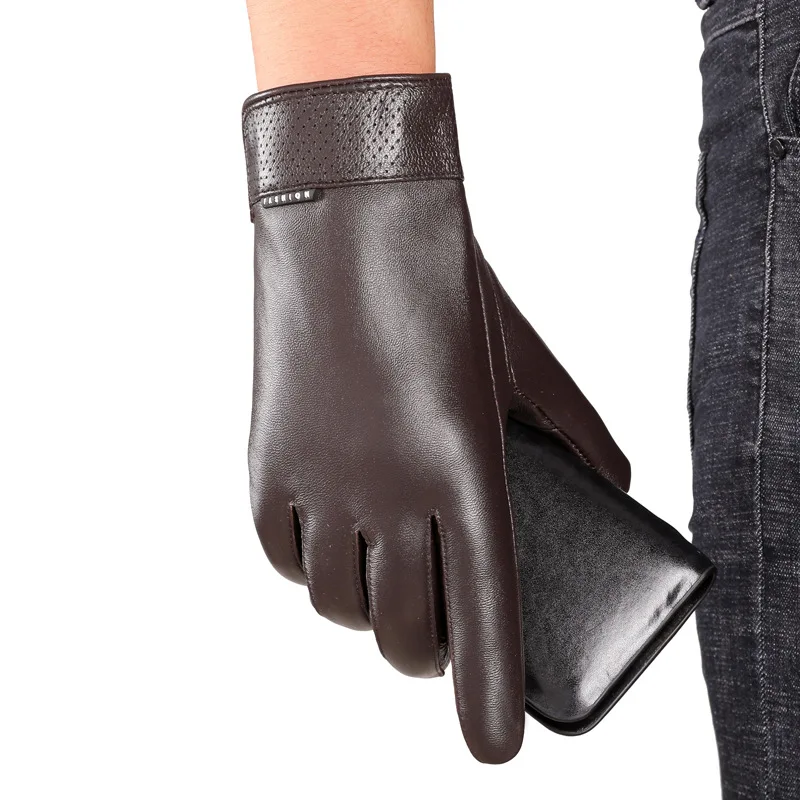 Genuine Leather Gloves Men Warm Thick Touch Screen Driving Riding Motorcycles guantes invierno Top Layer Sheepskin Fleece Gloves