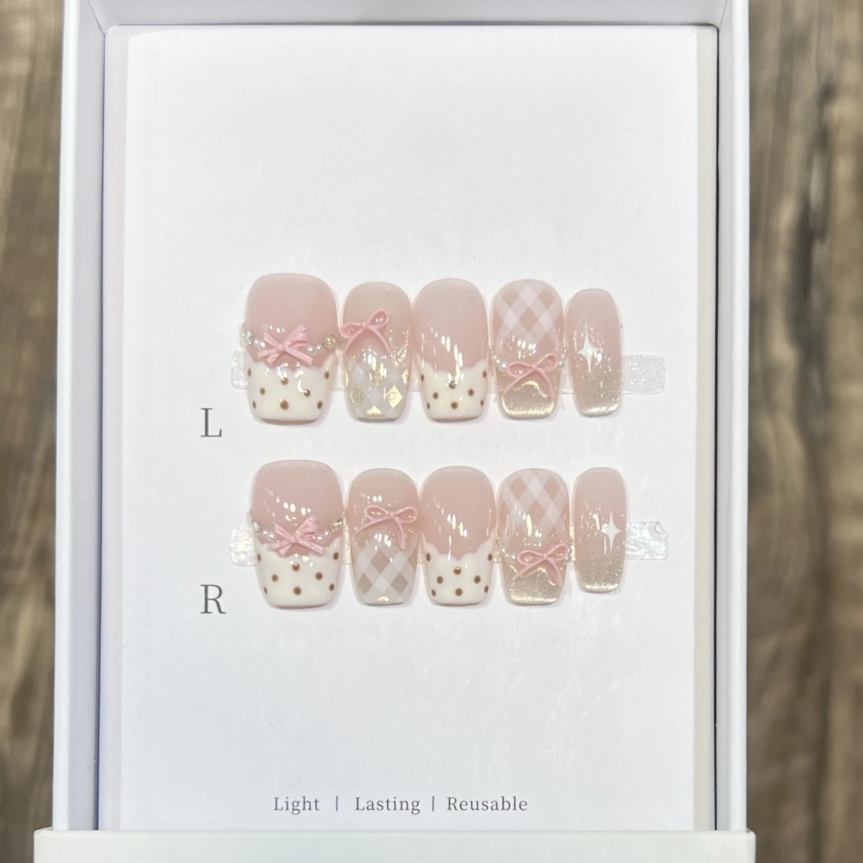 10pcs Pink Cat Eye Coffin Press on Nails Sweet Bowknot Nails Set Press on Polka Dots Plaid Nail Tips French Glitter Fake Nails
