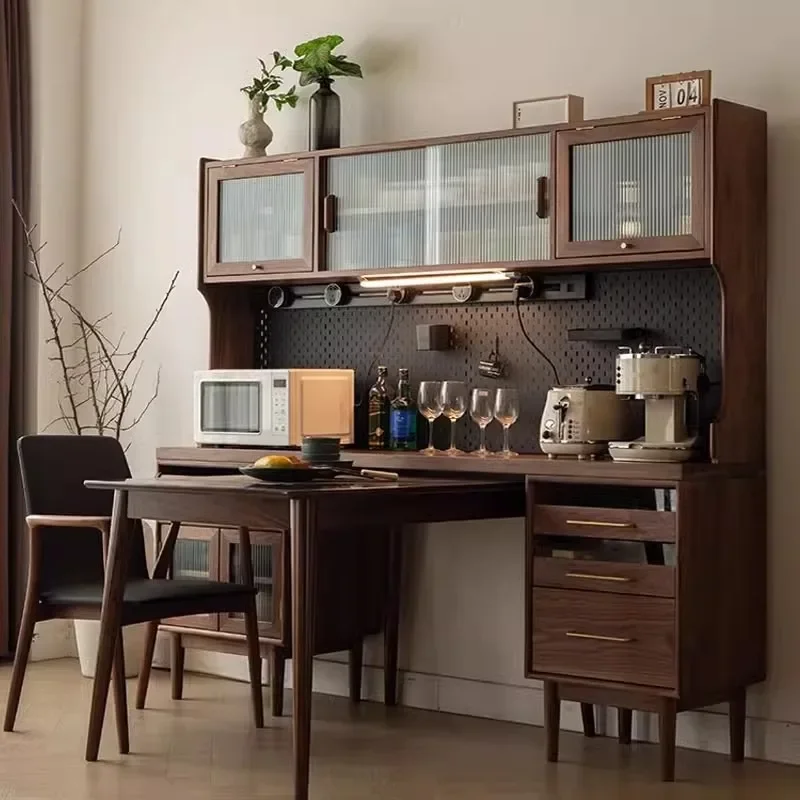 Black walnut solid wood dining side cabinet dining table integrated folding against the wall