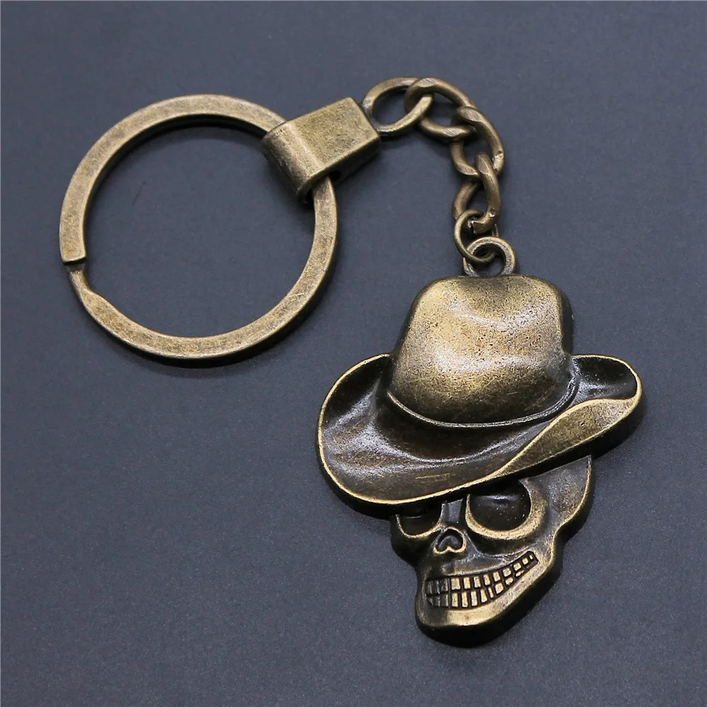 Women Men Keychain DIY Metal Holder Chain Antique Bronze Color 44x35mm Hat Skull Pendant Keyring Gift