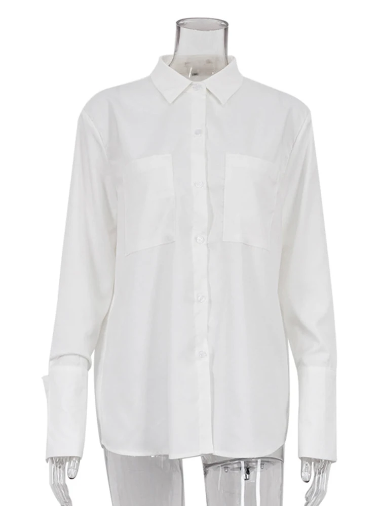 Blusa holgada elegante de manga larga para mujer, camisa blanca Lisa para mujer, verano y otoño, 2023