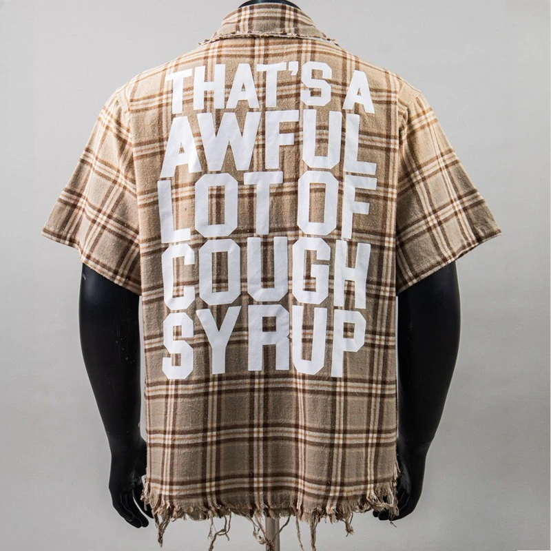 Streetwear Distressed Plaid Short Sleeve Shirt Retro Casual High Quality That's A Awful Lot of Cough Syrup Shirts