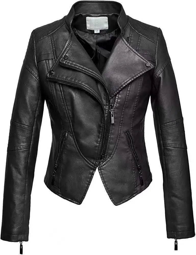 Women's Leather Jacket European and American Fashion Motorcycle Slim Short Leather Jacket Zipper