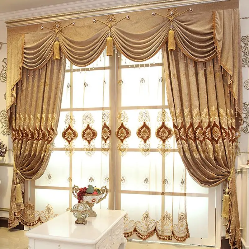 

Custom Size Luxury Curtains for Living Room Bedroom Dining Room Balcony Custom Blackout Chenille Brown Valance Decor White Tulle