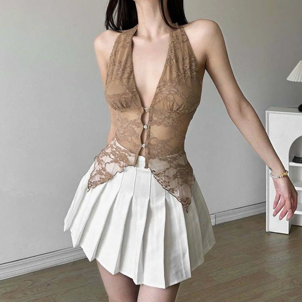 

Suspender Vest Lace-up Tie Vest Hollow Slim Fit Halter Lace Camisole Transparent Sleeveless Lace Corset Spring Summer
