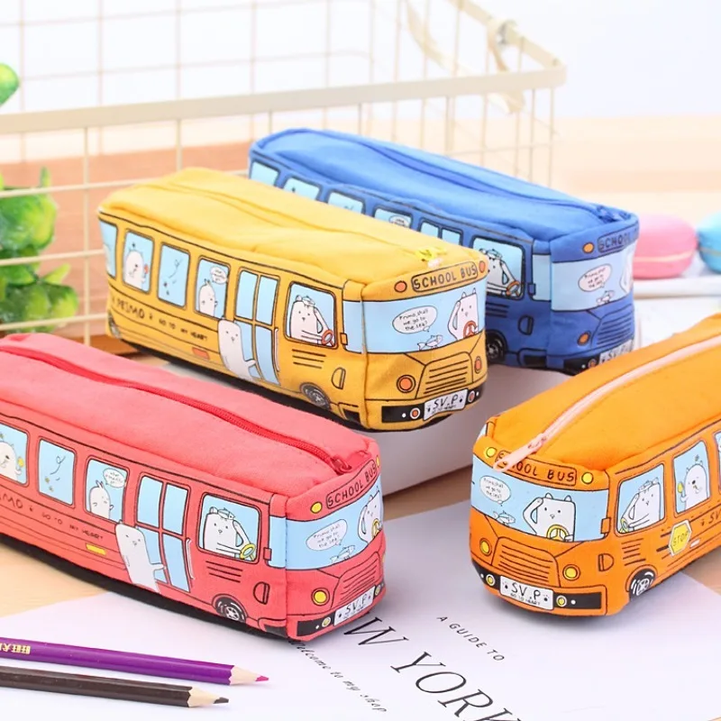 Cartoon Bus Potlood Tas Canvas Grote Capaciteit Auto Rits Pennenkast Voor Student Briefpapier Schoolbenodigdheden Kinderen Geschenken