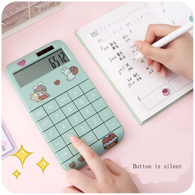 Cute Cartoon Calculator Fashion Student Portable Calculator Small Solar Financial Cashier Girl 12-bit Computer Dual Power System