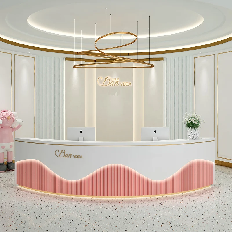 Modern Small Simple Checkstand Cashier Mdf Table Salon Checkout Counter Office Furniture Curved Reception Desk