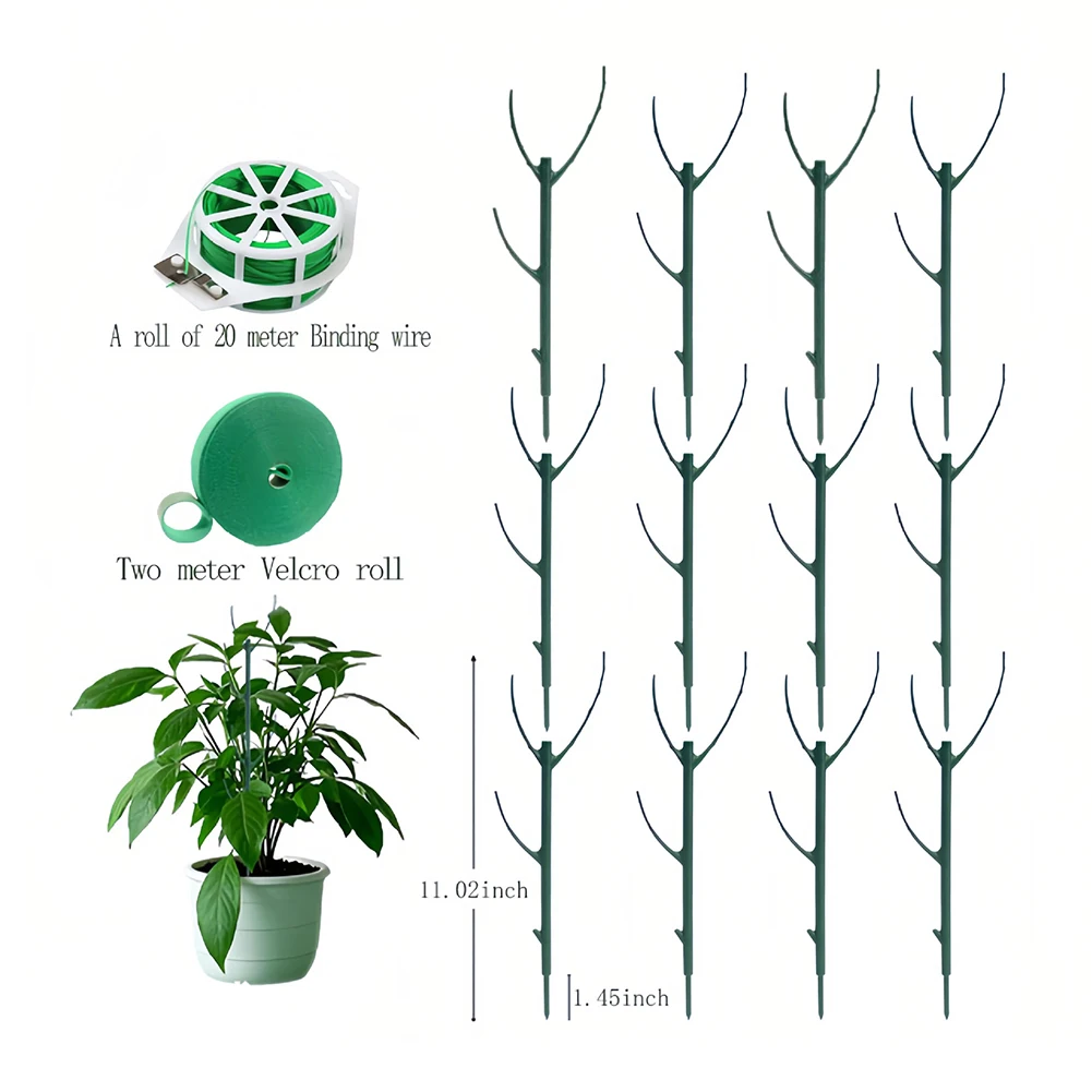 For Indoor Outdoor Plant Support Frame Stackable Green Plastic Stakes 11.02in with 12 Poles and 2 Meter Paste Roll