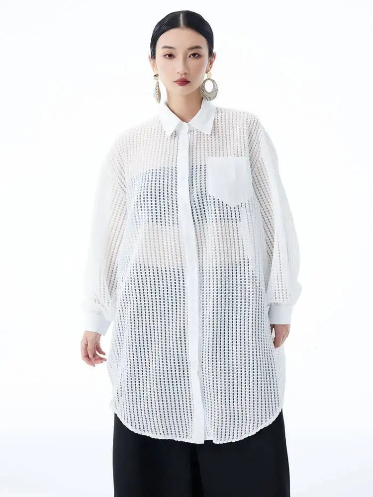 

Hollow Grid Women Black Out Big Size Long Blouse New Lapel Long Sleeve Shirt Fashion Spring Autumn 2026 1DE8K