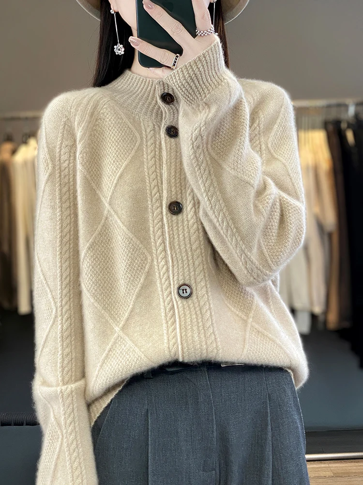 Autumn Winter Women Thick Cardigan Mock Neck Cashmere Sweater 100% Merino Wool Knitted Soft Warm Casual Rhombus Knitting New Top