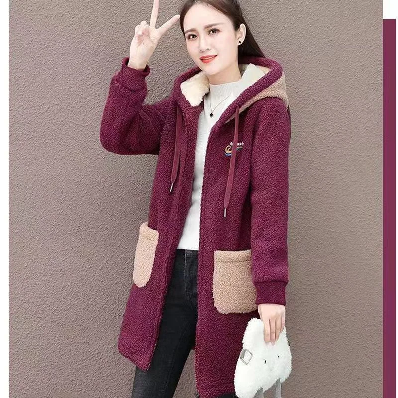 

Cashmere And Thick Embroidered Lamb Cashmere Women 2024 Autumn And Winter New Korean Version Of Long Hoodie Casual Hooded Coat