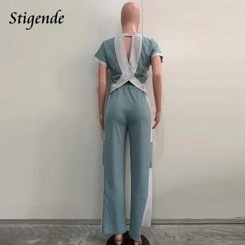 Stigende Patchwork Color Block Loose 2 Piece Set Women Sexy Backless Crop Top and Wide Leg Pants