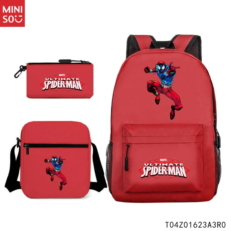 مجموعة حقيبة الظهر Miniso Spider-Man لنقل الحرارة |   حقيبة مدرسية خفيفة الوزن للجنسين مكونة من 3 قطع