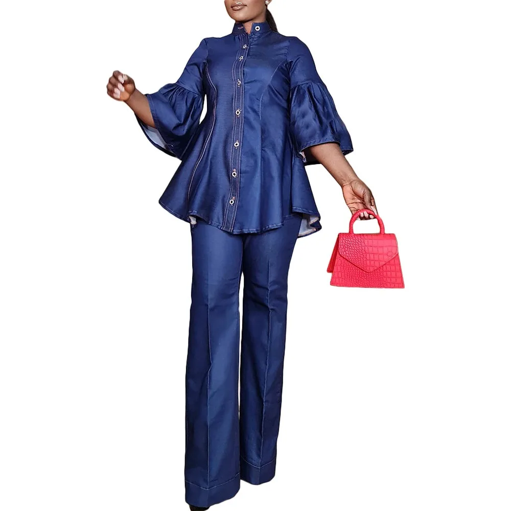 L-3XL 2024 Fashion African Women Clothing Pant Suits Solid Color Half Sleeve Casual Elegant Plus Size Two Piece Sets Wholesale