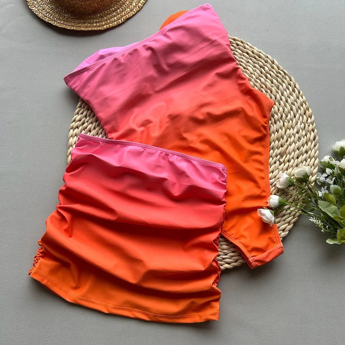 Vintage Blue Gradient One Piece Swimsuit Skirt Set Women Bandeau Hollow Front Bow Beach Bathing Suit Slim Holiday Swimwear 2025