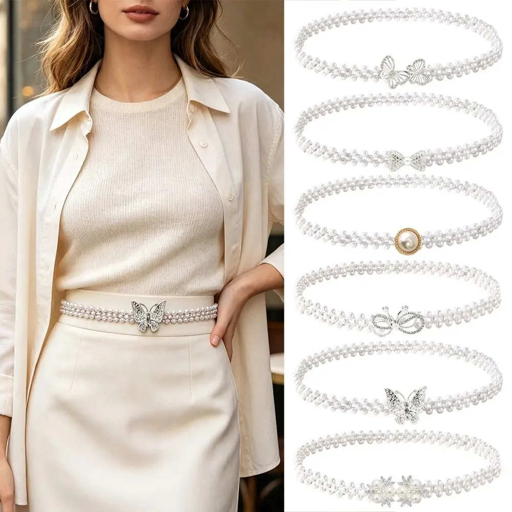 Pearl Beads Pearl Waist Chain Stretch Elastic Band Thin Narrow Style Beaded Slim Belt Pearl Strung Design Rhinestone Inlaid