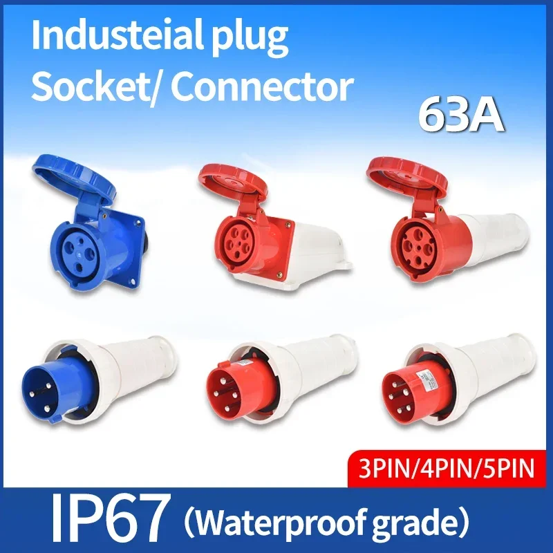 1PCS Industrial Plug Waterproof Connector IP67 63A 3P 4P 5PIN Electrical Dustproof Wall Mounted Socket Panel Concealed 380V 415V