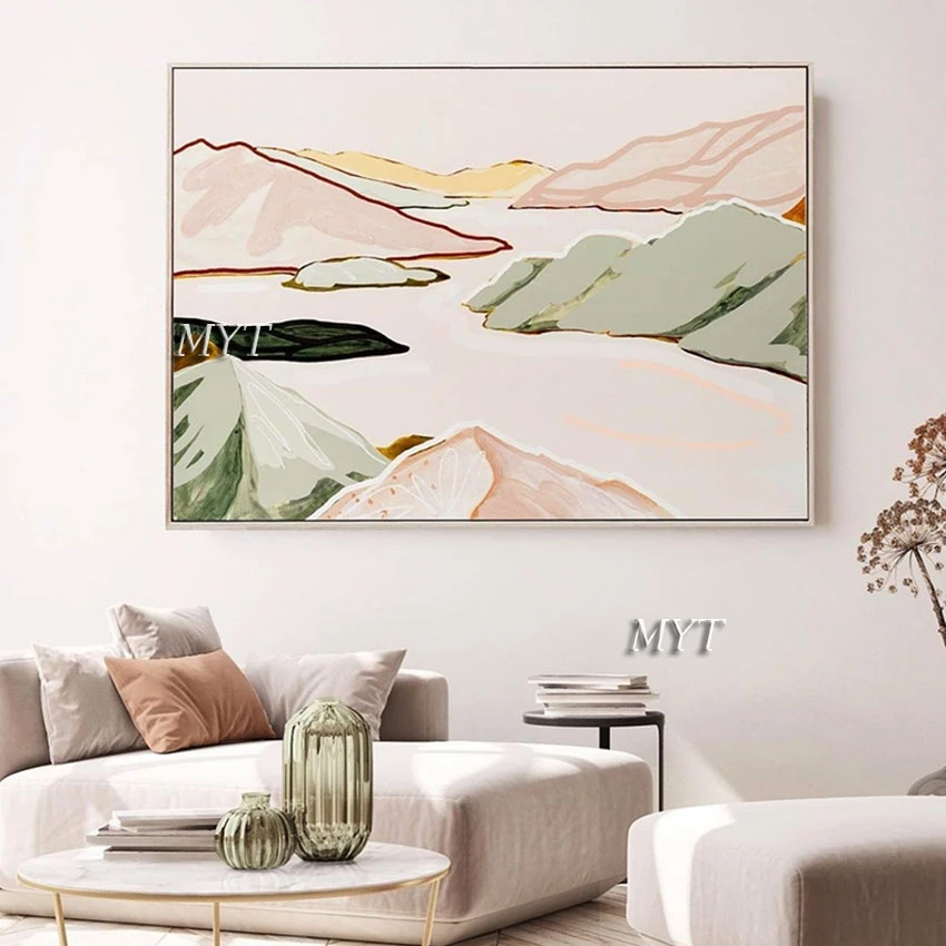 Abstract Modern Wall Decor Canvas Oil Painting Beautiful The Lake In The Mountains Simple Line Texture Hand-painted Art Unframed