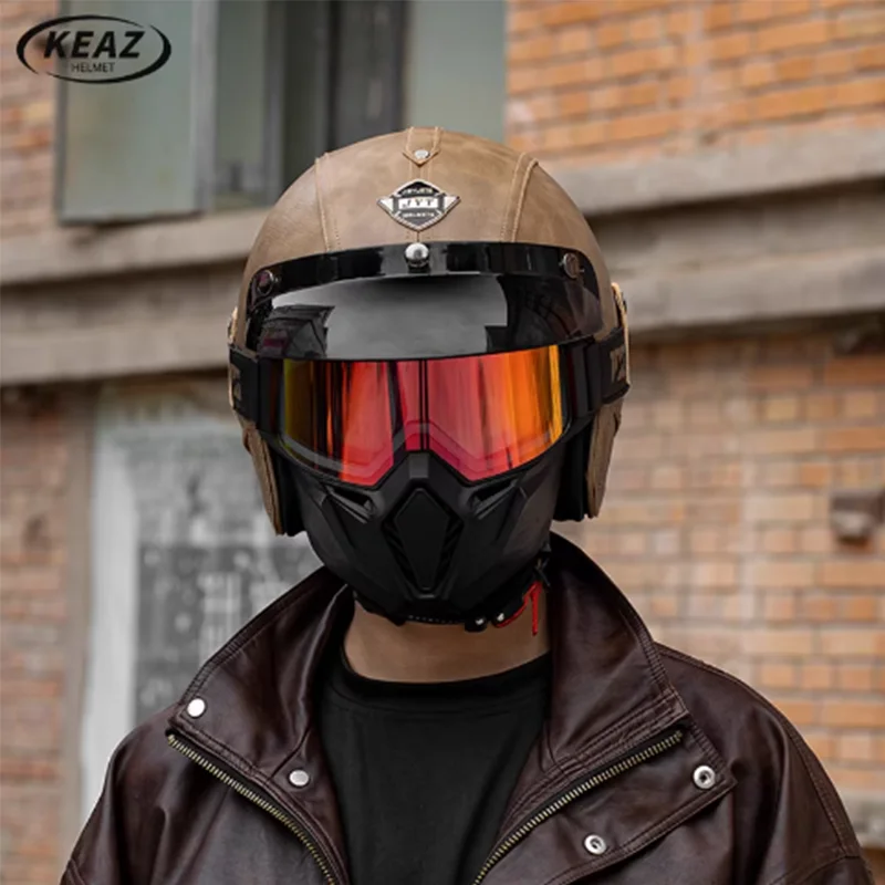 

Brown Vintage Open Face Helmet Keaz Comfort Fit Liner Classic Look with Great Ventilation Sun Protection No Fogging