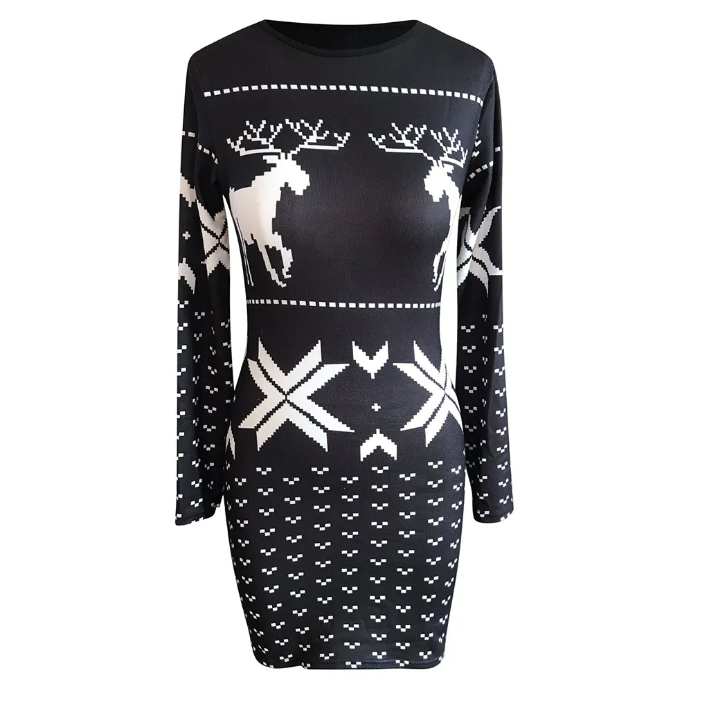 Women Christmas Dresses Reindeer Snowflake Bodycon Pullover Cocktail Sweatshirt Dress Holiday Outfits Knit Long Sleeve Vestidos