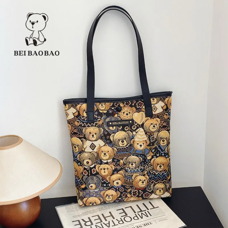 Beibaobao Ladies Shoulder Bag Canvas Bear Ins Style Casual Fashion Handbag Classroom Bags Large Capacity Daily Commuter Tote Bag