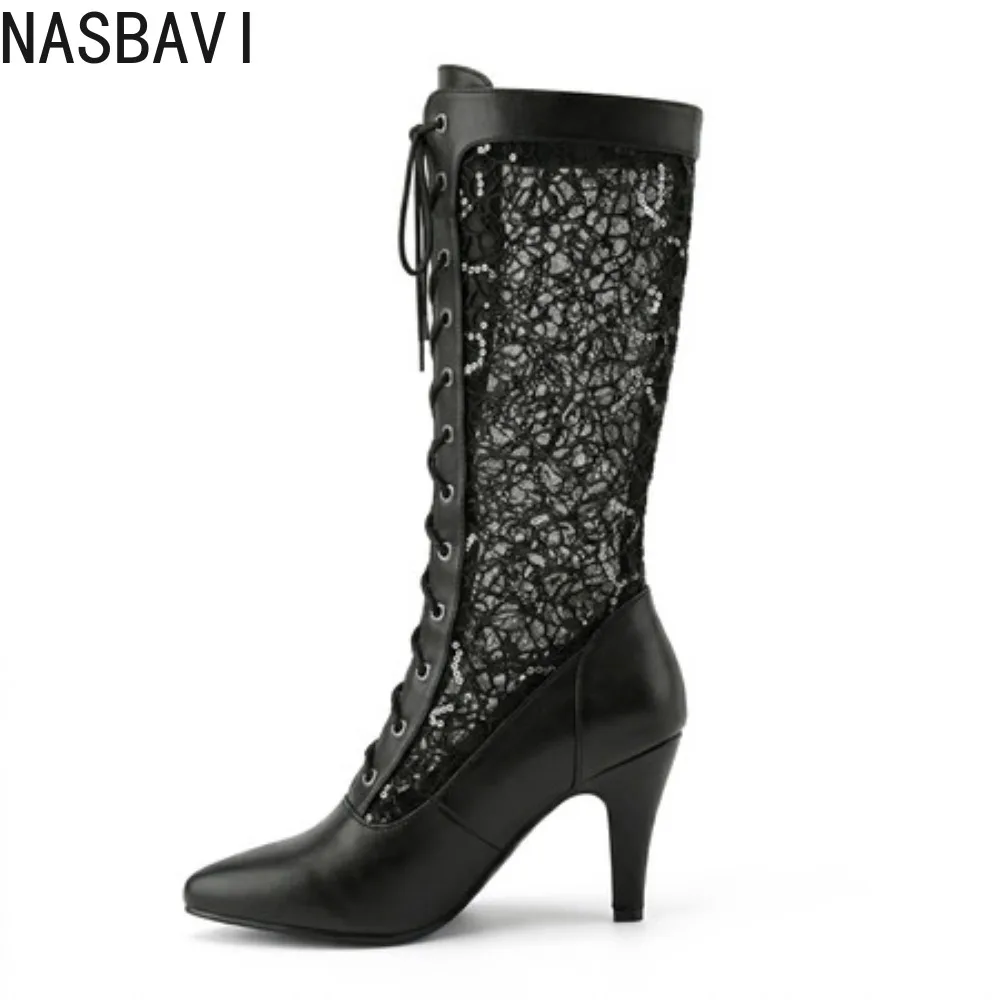 Women Pointed Toe Mid-Calf Hollow Out Boots Leather Lace Punk Lace Up Gladiator High Heel Rome Sandals Boots Plus Size 34-47 New