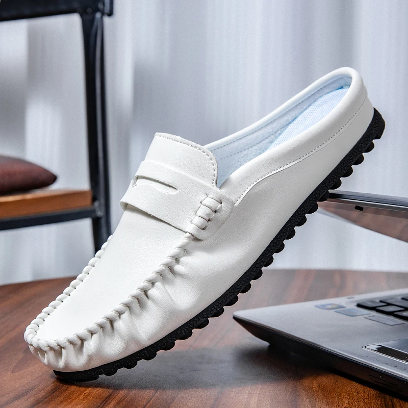 

Large Size 45 46 Mules Man Slip On Flats Half Shoes for Men Open-back Flat Sneakers Casual Shoes Leather Summer Slide Sandals