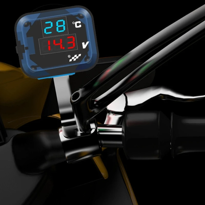 3 in 1 Motorcycle Thermometer Voltmeter with USB Charging Port 12V-24V Handlebar Mount Digital Temperature Meter D7YA