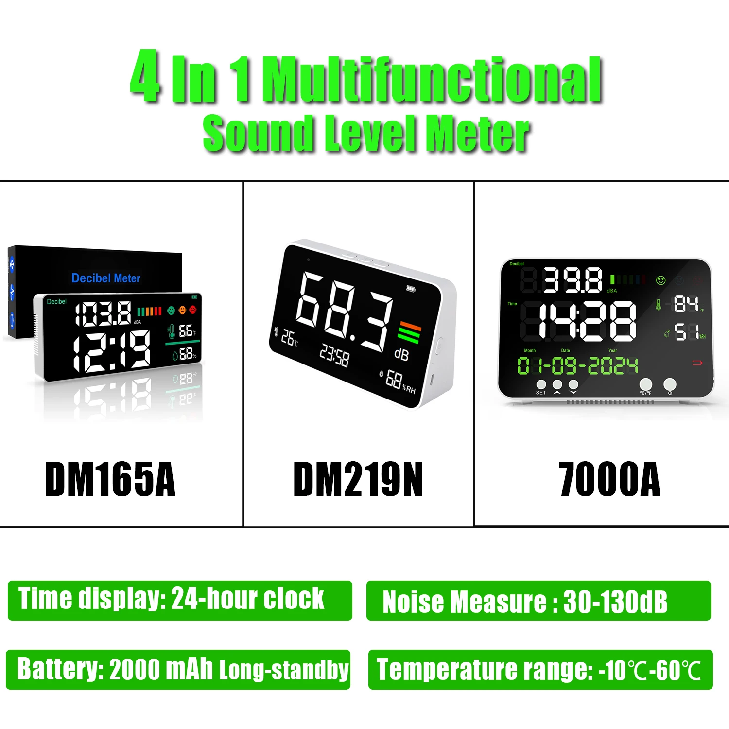 

4-in-1 Digital Sound Level Meter ,Desktop Decibel Monitor 30-130dB,for Noise Measureing,Library, with Time&Temp&Humidity Display