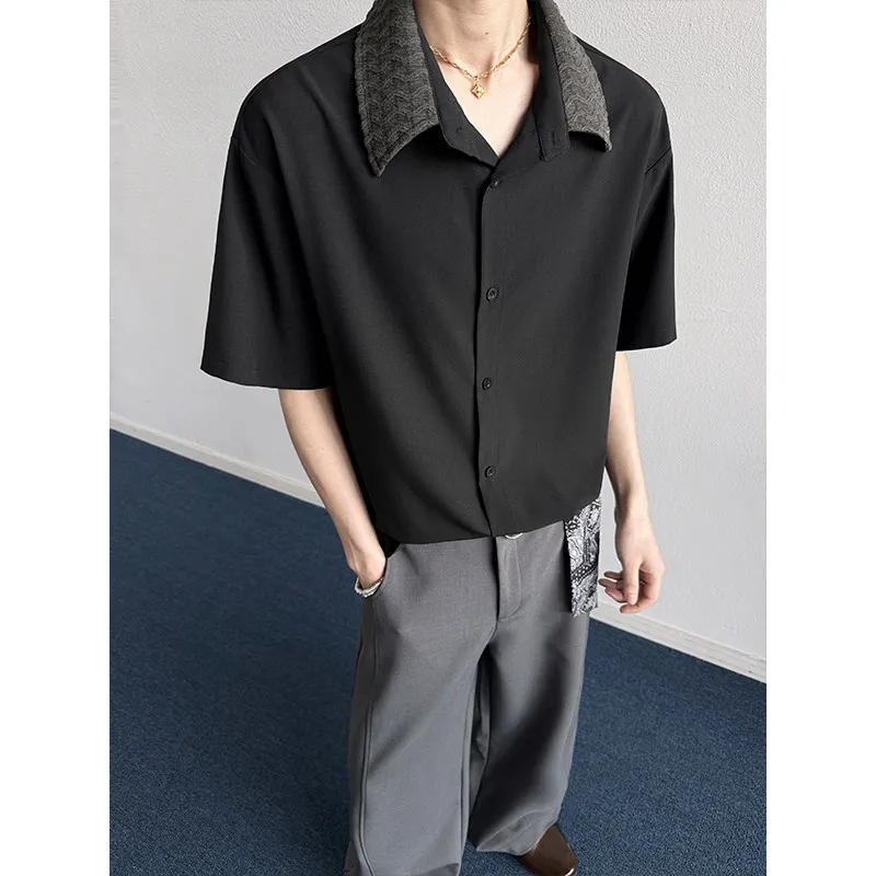 Korean Fashion 2026 Summer New Solid Colr Cool Ice Silk Neckline Spliced Short Sleeve Shirt Men Casual Men's Clothing