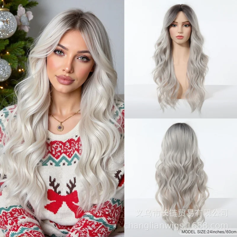 European and American Christmas wig, silver-white wavy long curly hair with bangs, high-temperature fiber full headpiece for wom