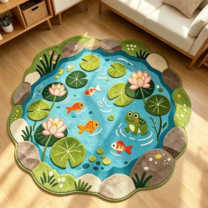 VIKAMA Cute Cartoon Frog Water Lily Koi Pond Round Rug Kids Nursery Soft Floor Padding Space Decor Bedroom Accent Durable Cozy