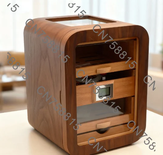 3 Layer Large Capacity Cedar Wood Transparent Window Cigar Aging Storage Cabinet，Black Walnut Wood Cigar Humidor Cabinet