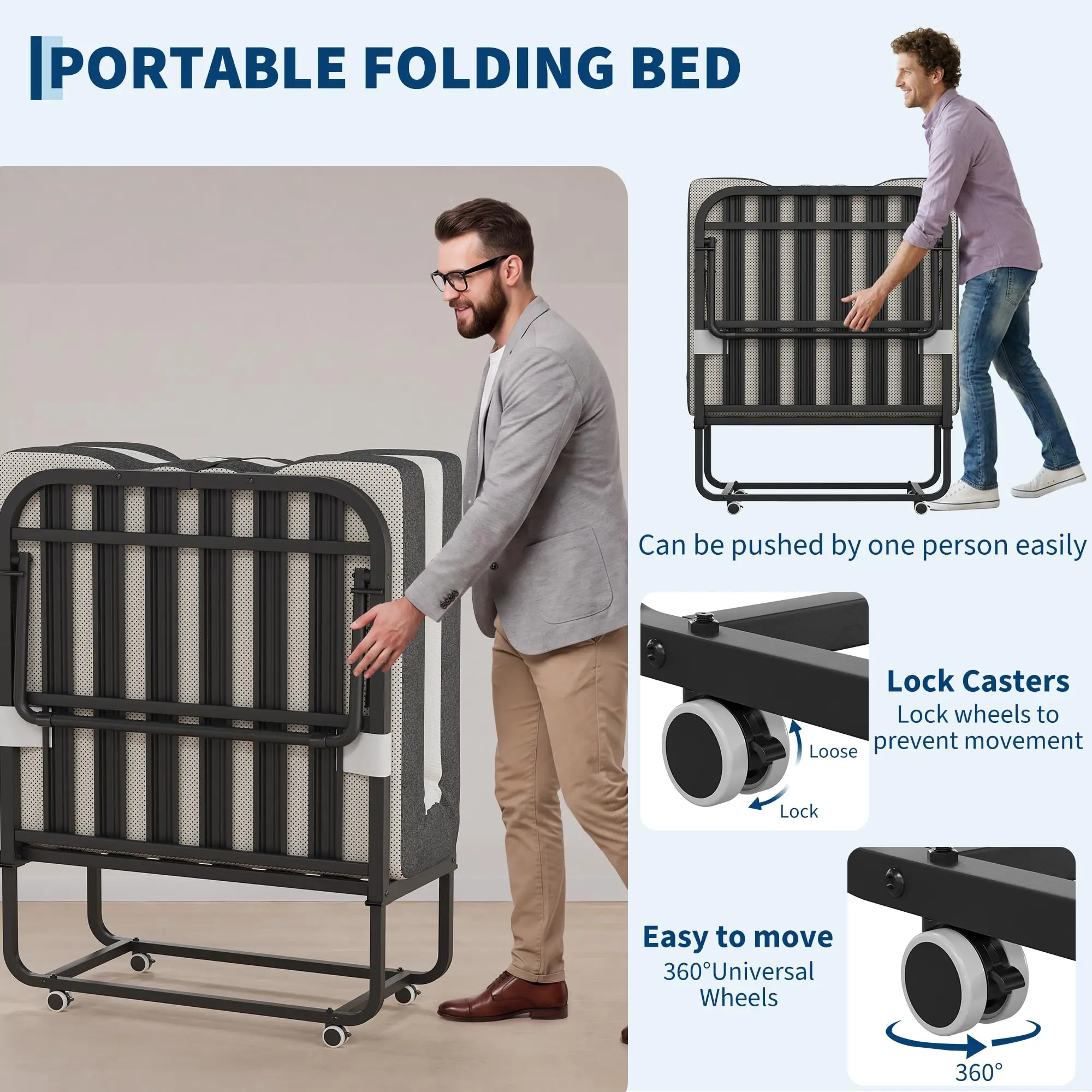 Folding Rollaway Bed 75 x 31/38/45 In With 5 Inch Memory Foam Mattress, Locking Wheels, Side Pocket, Portable Guest Bed For Home view 6