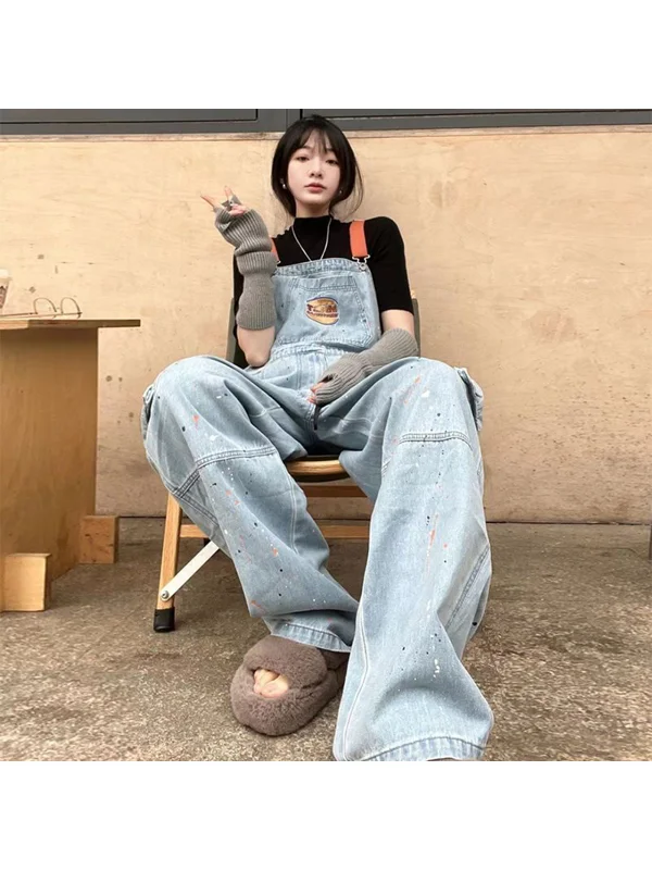 Large Size Denim Overalls Women's Spring Autumn Fashion Slimming Vintage High Waist PU Leather Cleanfit Style High Quality